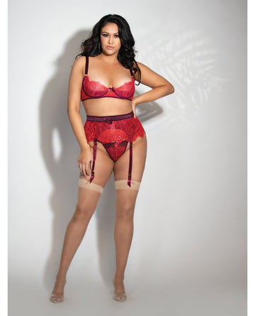 Eyelash Lace Underwire Bra, Garter Skirt &amp; G-String Red 1X/2X