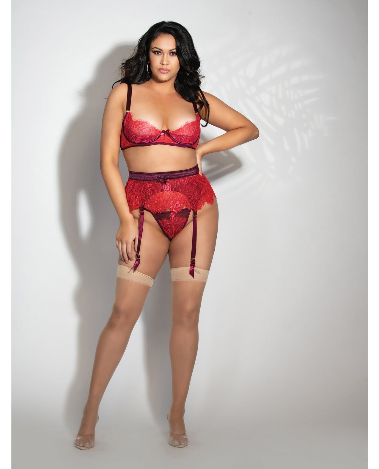 Eyelash Lace Underwire Bra, Garter Skirt &amp; G-String Red 3X/4X