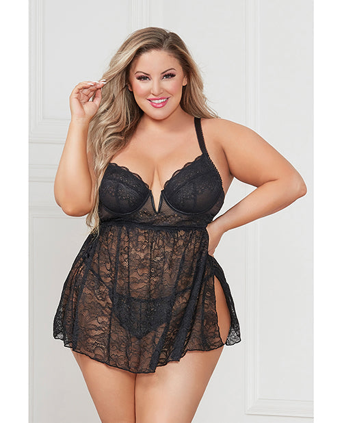 Stretch Lace Babydoll w/Underwire Cups &amp; G-String Black 1X/2X