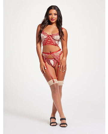 Sheer Stretch Mesh w/Floral Contrast Embroidery Bustier, Garter Belt &amp; Thong Red/Nude LG