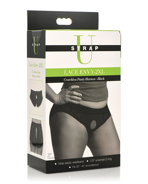 Strap U Lace Envy Crotchless Panty Harness - 2XL Black