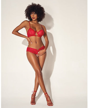 Shadow Stripe Underwire Top w/Heart Detail &amp; Crotchless Bottom Red L/XL