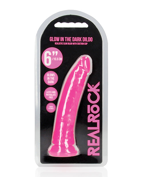 Shots RealRock 6&quot; Slim Dildo Glow in the Dark - Neon Pink