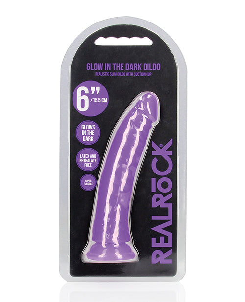 Shots RealRock 6&quot; Slim Dildo Glow in the Dark - Neon Purple