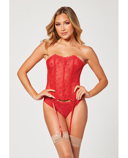Valentines Heart Embroidered Mesh Bustier &amp; Panty Red MD