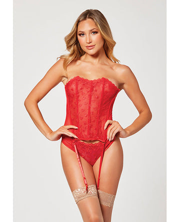 Valentines Heart Embroidered Mesh Bustier &amp; Panty Red SM