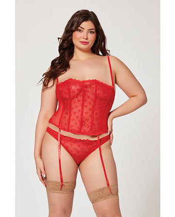 Valentines Heart Embroidered Mesh Bustier &amp; Panty Red 3X/4X